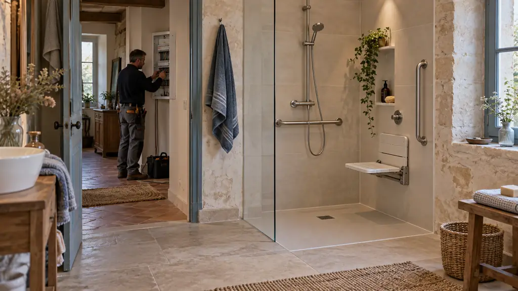 Editorial photograph of an accessible bathroom renovation with a walk-in shower and grab bars, while an electrician inspects a newly secured electrical panel in an older French house, no readable text, no logo