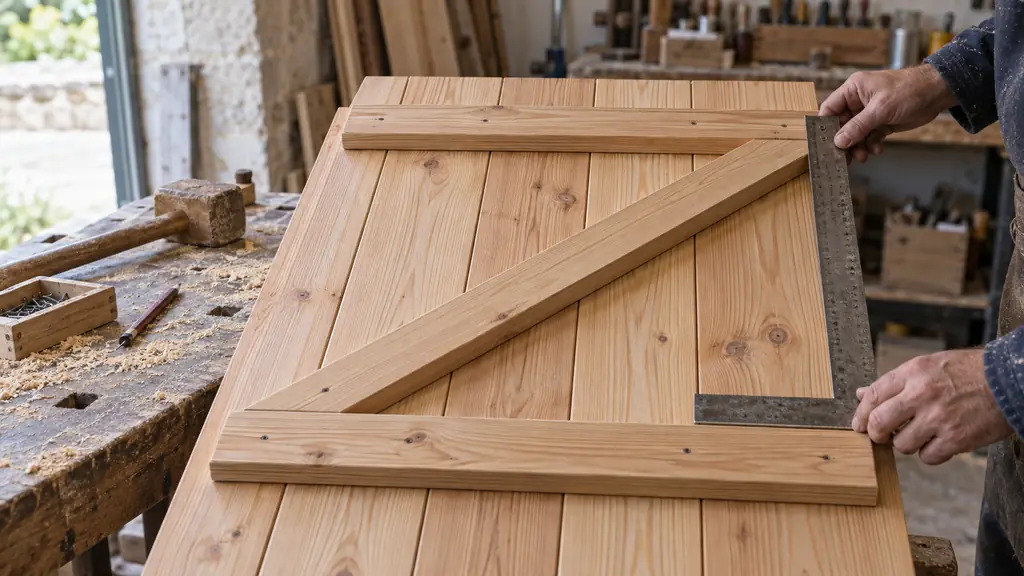 Close-up editorial workshop photograph showing vertical tongue-and-groove larch boards assembled into a full shutter, two wooden crosspieces and a diagonal Z brace being positioned with a carpenter's square