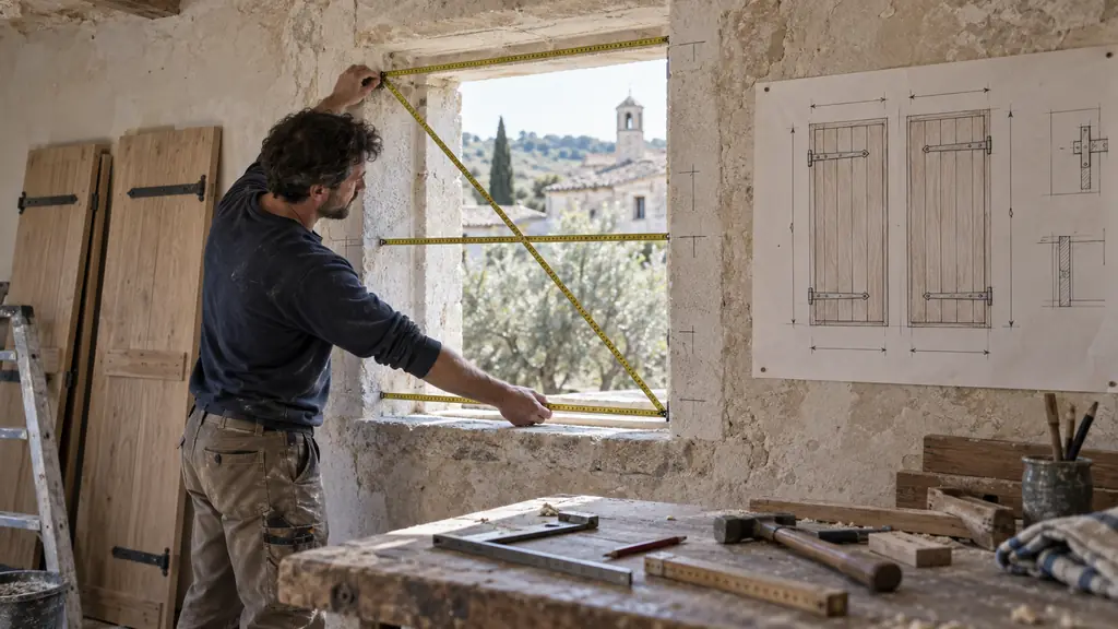 Editorial workshop photograph of a homeowner measuring a masonry window opening at three heights, comparing diagonals with a tape measure, beside a hand-drawn dimensioned plan for two wooden shutter leaves