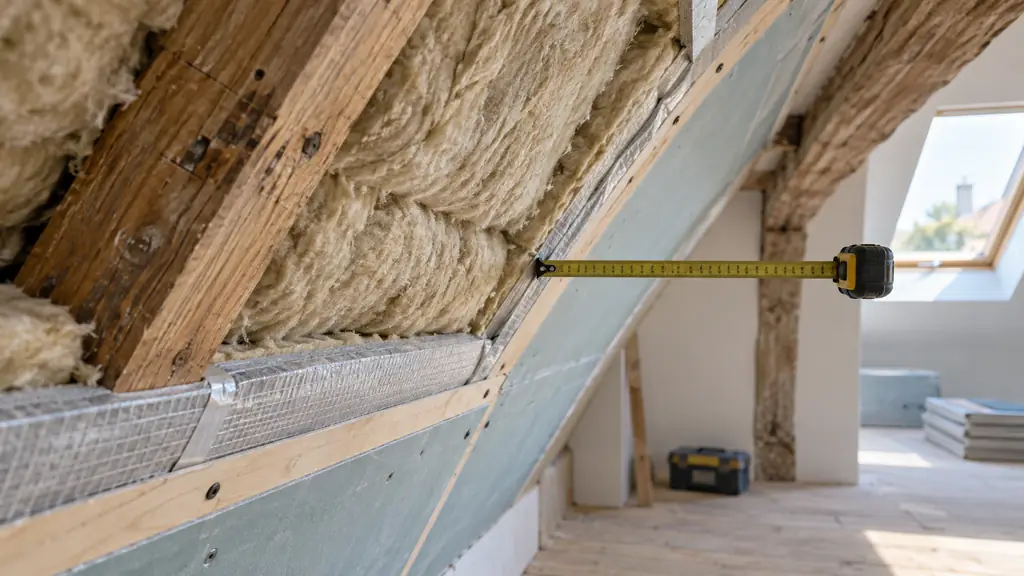 Close-up editorial photograph of attic rafters with insulation fitted between the timber beams and a second continuous layer underneath, tape measure showing the reduced interior depth, no text or logo