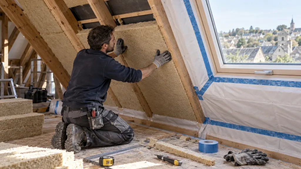 Editorial photograph of an installer fitting a precisely cut insulation panel between attic rafters, with a visible ventilation gap and airtight membrane being taped around a roof window, no text or logo