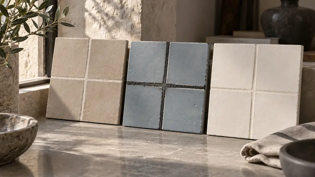Editorial close-up photograph of three tiled sample boards with light, dark and tone-on-tone grout lines, shown under natural side lighting, with subtle dust visible on the dark grout