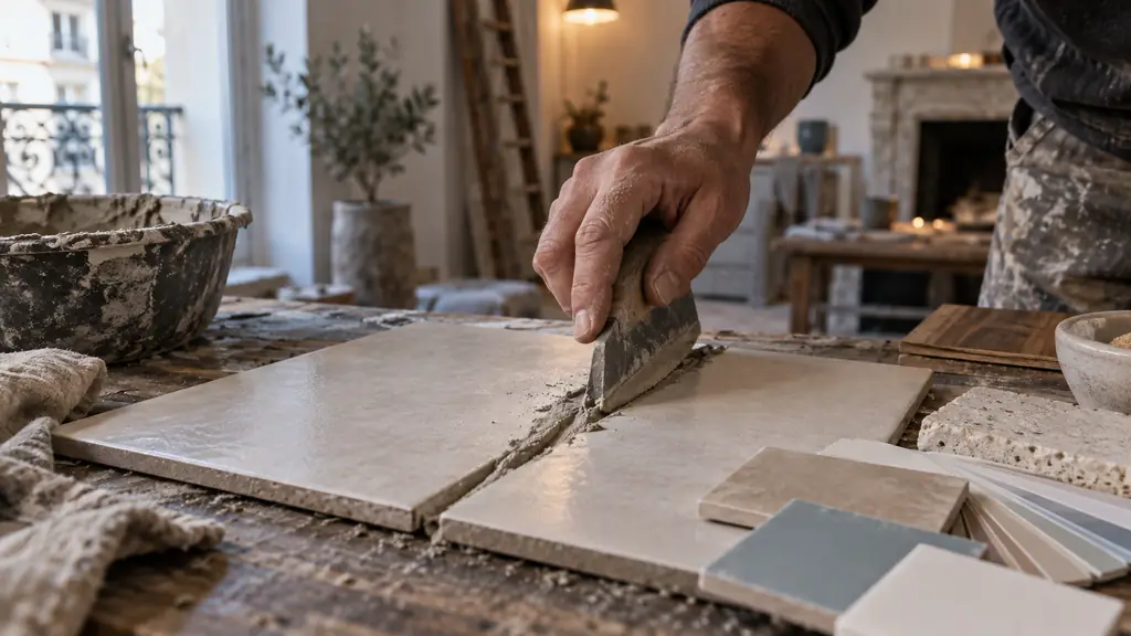Editorial close-up photograph of a hand applying grout between two tile offcuts beside physical color samples, illuminated by both window light and a warm ceiling lamp, without text or logos