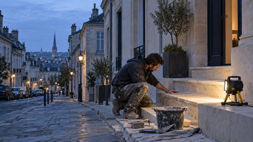 renovation worker inspecting exterior steps with a portable work lamp during blue dawn in a Bordeaux residential street, sun still hidden behind neighboring rooftops, no text or logo