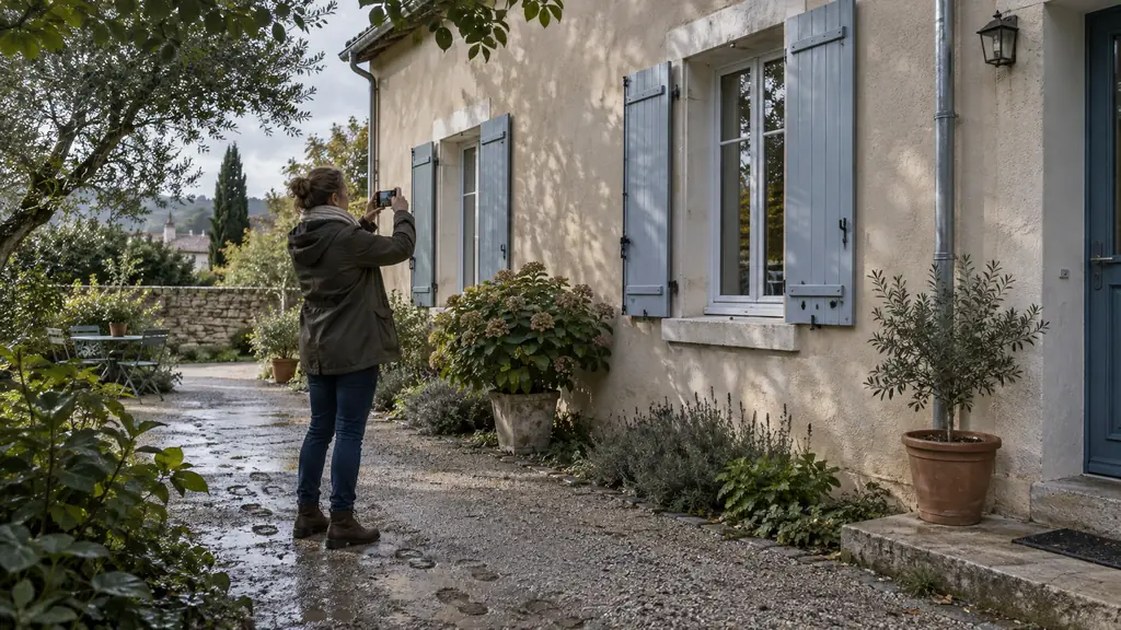 homeowner photographing a north-facing ground-floor facade from several viewpoints, with tree shadows covering the work area on an overcast morning, no text or logo