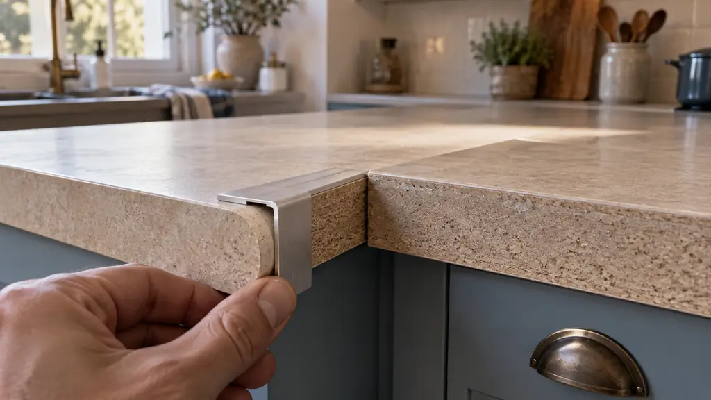 Close-up editorial photograph of two perpendicular 38 mm laminate kitchen worktops, with an aluminum corner joining profile being checked against one rounded edge, no text or logo