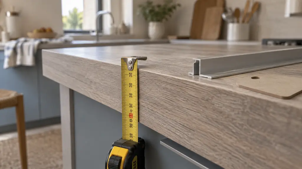 Editorial close-up photograph of a tape measure checking a 38 mm laminate worktop edge beside an aluminum joining profile and a small radius template, no text or logo