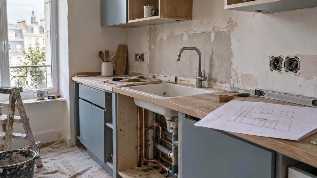 Editorial photograph of a kitchen under renovation with exposed water pipes, unfinished electrical outlets and a cabinet layout plan resting on the worktop, natural daylight, no text, no logo