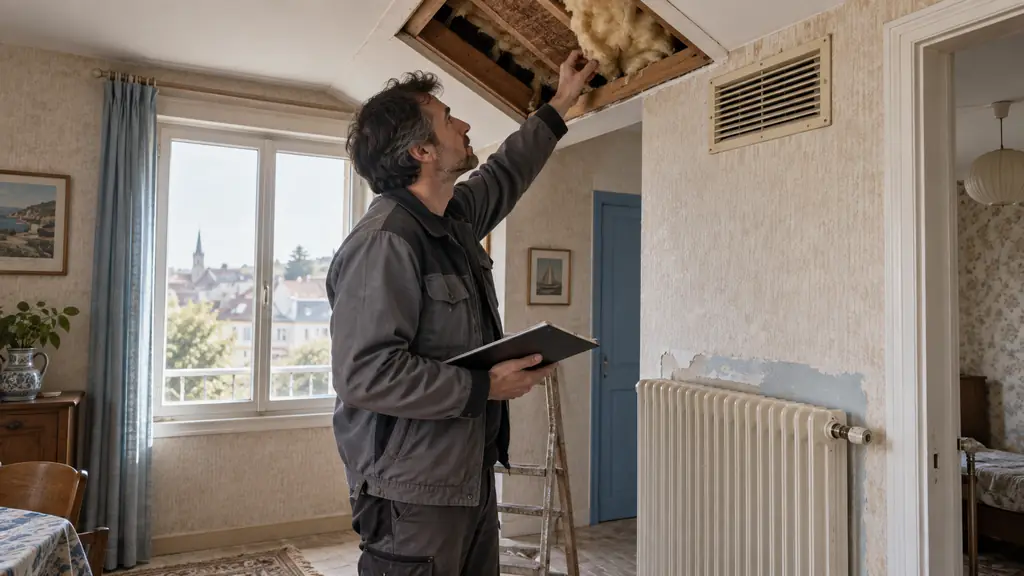 Editorial photograph inside a 1970s house showing a professional inspecting attic insulation, a ventilation grille and a radiator awaiting repositioning, natural daylight, no text, no logo