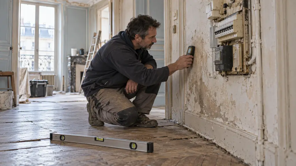 Renovation professional inspecting an old electrical panel with a moisture meter beside a stained wall and a spirit level placed on an uneven apartment floor, editorial photography, no text, no logo