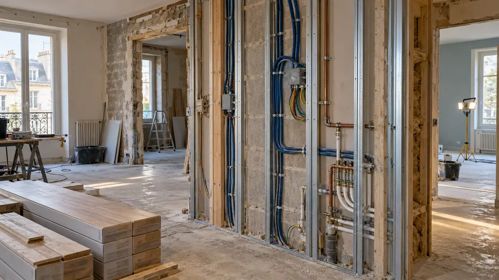 Renovation site showing exposed electrical and plumbing networks before drywall installation, with new floor coverings stacked nearby, editorial photography, no text, no logo