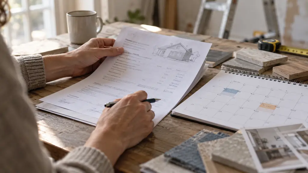 close-up editorial photograph of hands checking a signed renovation estimate beside a monthly calendar and two highlighted publication dates, no readable text, no logo