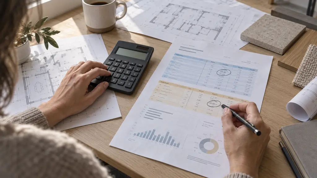 editorial photograph of hands using a calculator beside a renovation estimate, with two index values circled and fixed and variable portions marked in different colors, no readable text, no logo