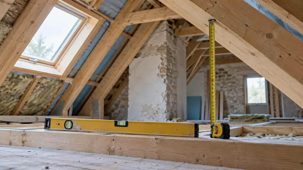 Editorial photograph inside an unfinished attic, visible timber rafters, horizontal spirit level and vertical tape measure showing roof rise, no text or logo