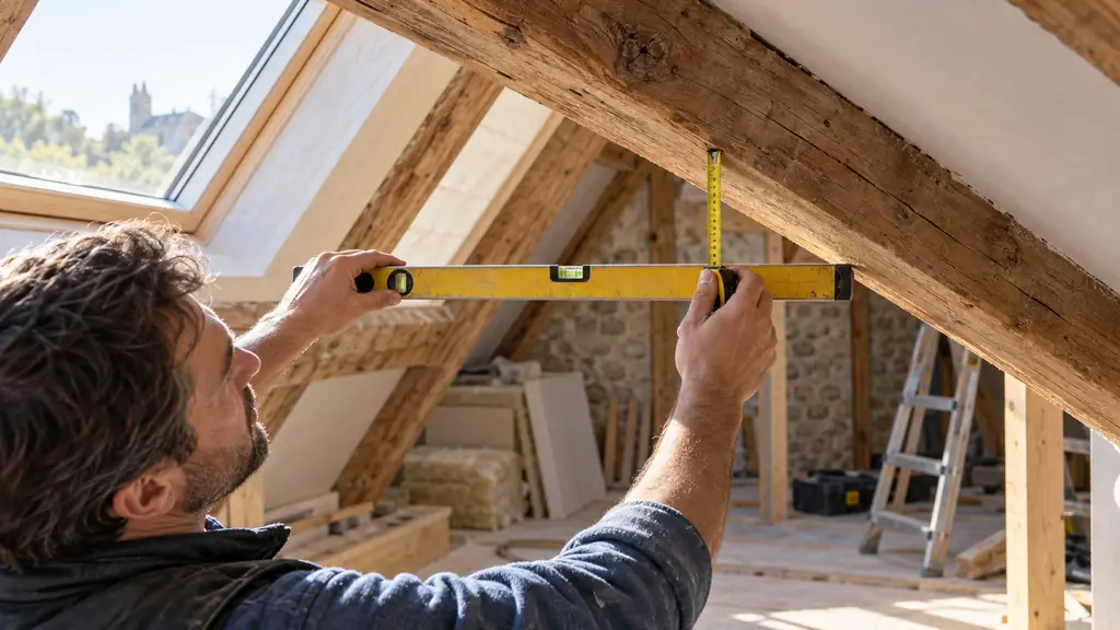 Editorial photograph of a homeowner measuring roof pitch from inside an attic, spirit level against a timber rafter and tape measure recording vertical rise, no text or logo
