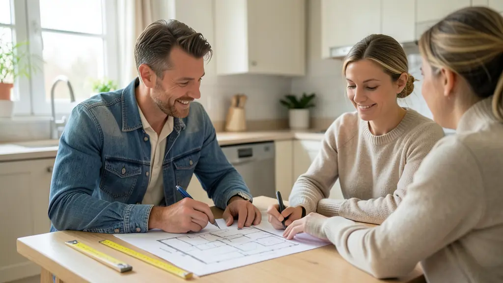Building contractor reviewing a renovation request with a homeowner at a kitchen table, printed floor plan and measuring tape visible, editorial photography, no text, no logo