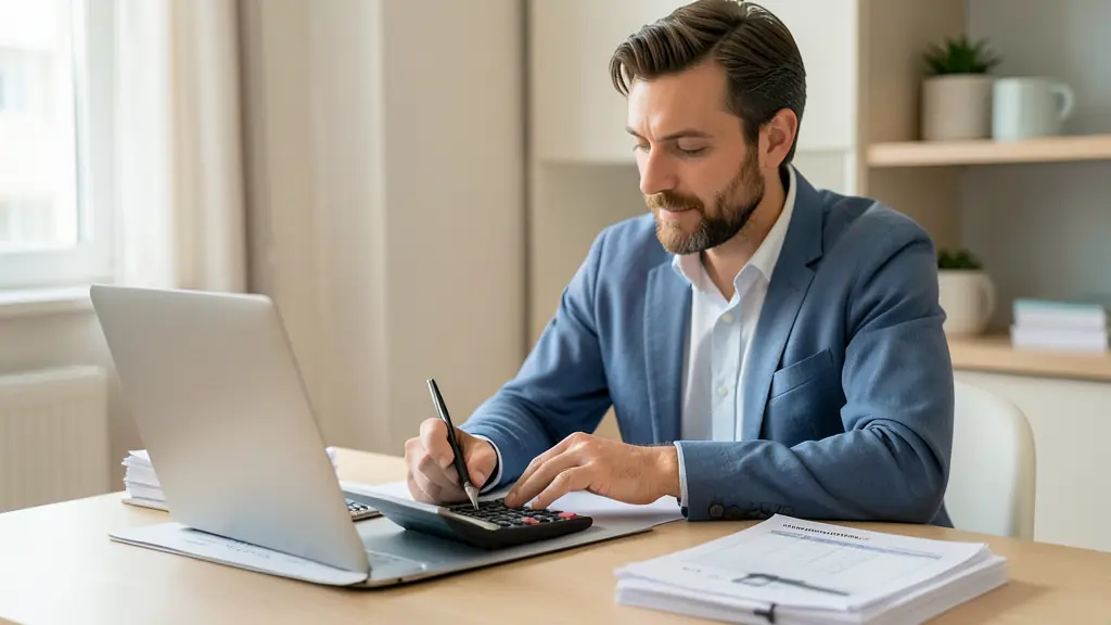 Small construction company manager calculating lead profitability at a desk, calculator and handwritten conversion table beside a stack of renovation quotes, editorial photography, no text, no logo