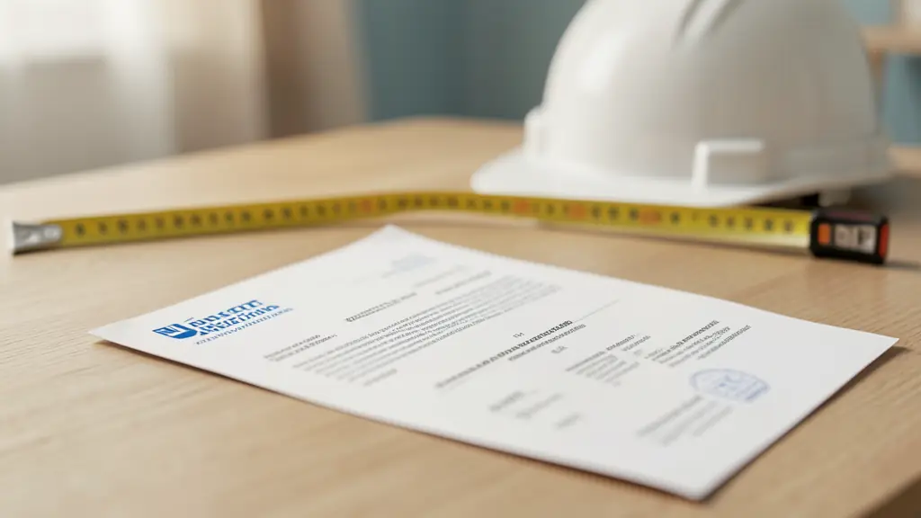 A close-up of a professional construction insurance document and a business registration certificate on a wooden table, with a hard hat and a measuring tape in the blurred background, editorial style