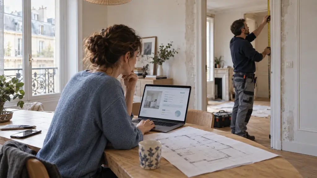 Homeowner comparing an online renovation estimate on a laptop with a paper floor plan while a contractor measures a doorway during an on-site visit, editorial photography, no text, no logo