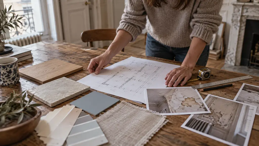 Homeowner preparing a renovation brief with room measurements, close-up photos of a damaged wall and material samples arranged on a table, editorial photography, no text, no logo