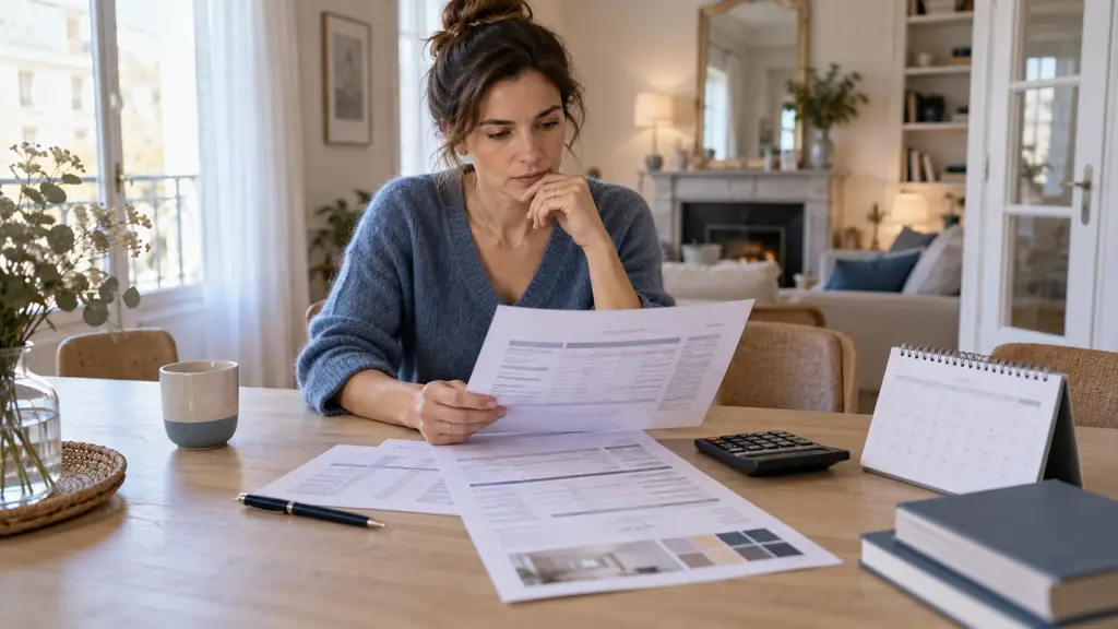 Homeowner carefully reviewing an itemized renovation quote beside a calculator and a calendar, with an unsigned pen set aside, editorial photography, no readable text, no logo