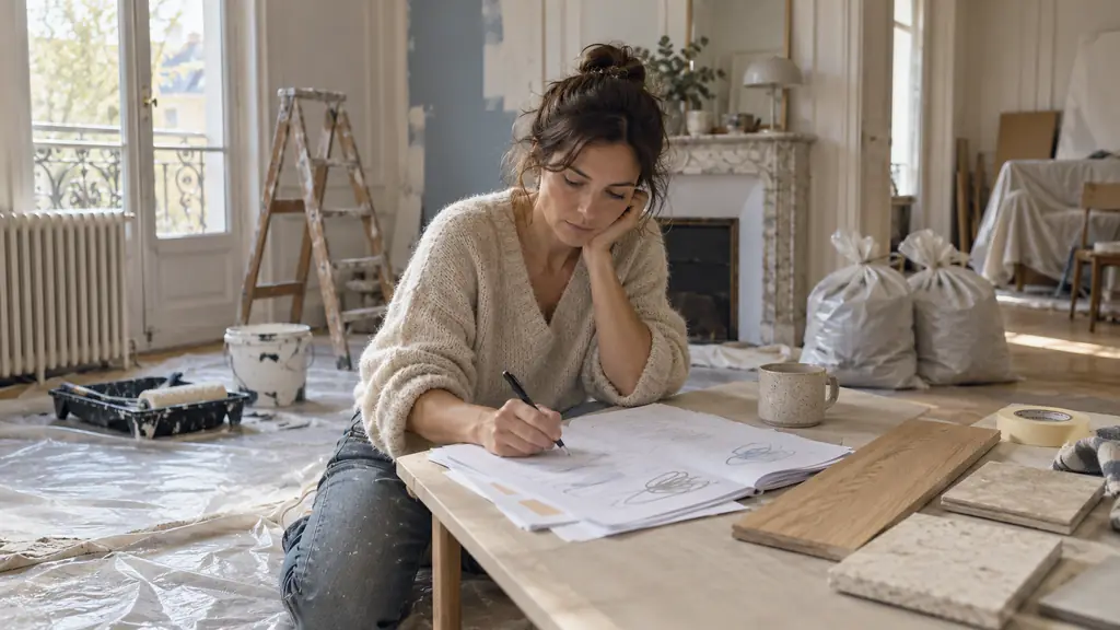 Homeowner annotating a renovation quote beside flooring samples, protective sheeting and waste removal bags, editorial photography, no readable text, no logo