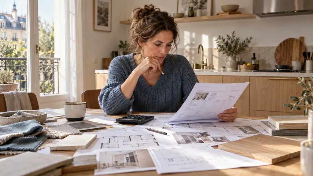 Homeowner reviewing a detailed renovation quotation with a calculator, material samples and room plans on a kitchen table