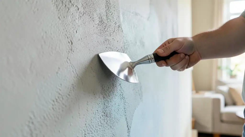A professional applicator using a stainless steel trowel to smooth a grey mineral plaster on a living room wall, close-up on the texture and the tool, natural light, architectural photography
