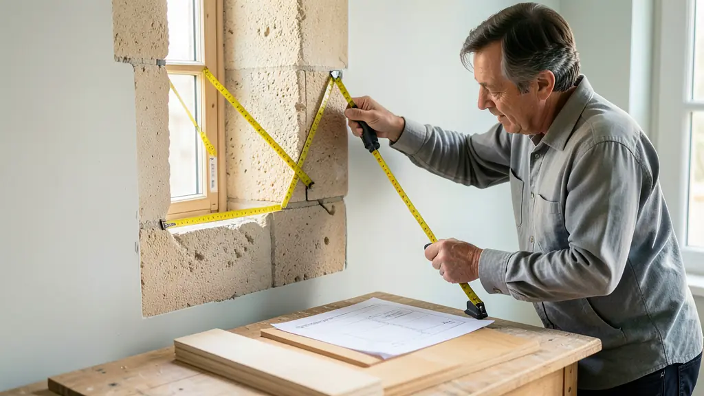 Carpenter measuring a masonry window opening at three points, checking both diagonals with a tape measure, cut list and untreated wooden boards on a workbench, no text, no logo