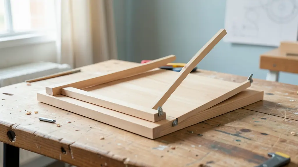 Wooden shutter assembled flat on a workbench, two horizontal ledges clamped in place, diagonal brace rising from the hinge side, no text, no logo