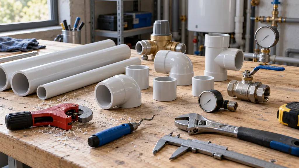 Editorial photograph of a workbench with PVC-U pipes, metal valves and measuring sensors arranged beside assembly tools, no text or logo