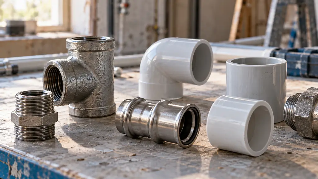 Editorial close-up of steel threaded fittings, PVC-U adhesive sockets and a stainless press fitting on a workshop table, no text or logo