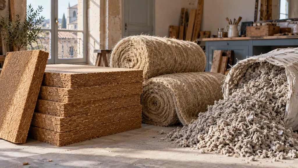 Editorial photograph of rigid wood fibre boards, hemp insulation rolls and loose cellulose displayed together in a renovation workshop, visible natural textures, no text or logo
