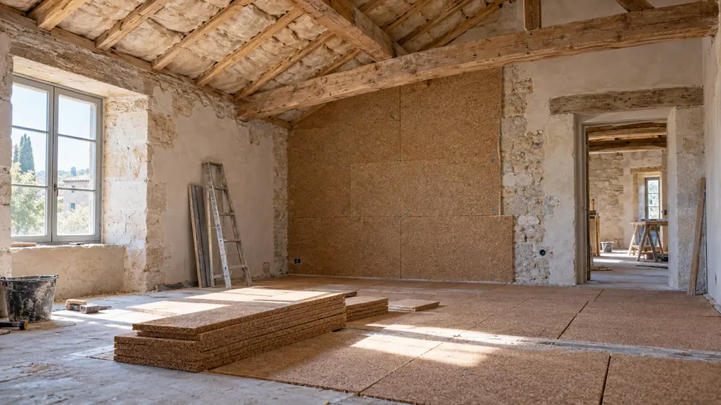 Editorial photograph of semi-rigid insulation fitted between roof rafters, dense boards installed on an exterior wall and cork panels prepared for a floor, no text or logo