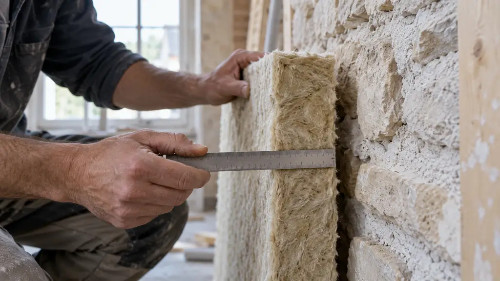 Close-up of a craftsperson measuring the thickness of a semi-rigid insulation panel with a ruler beside an exposed masonry wall, natural editorial photography, no text, no logo