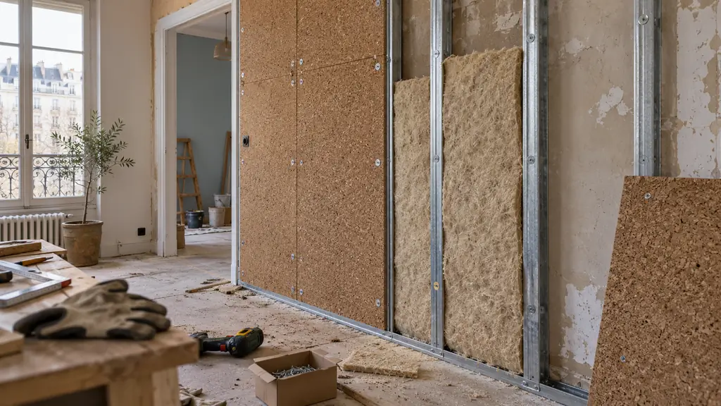 Editorial photograph of cork wall panels and a semi-rigid hemp fiber panel being fitted into a metal wall frame, visible fastening screws, no text, no logo
