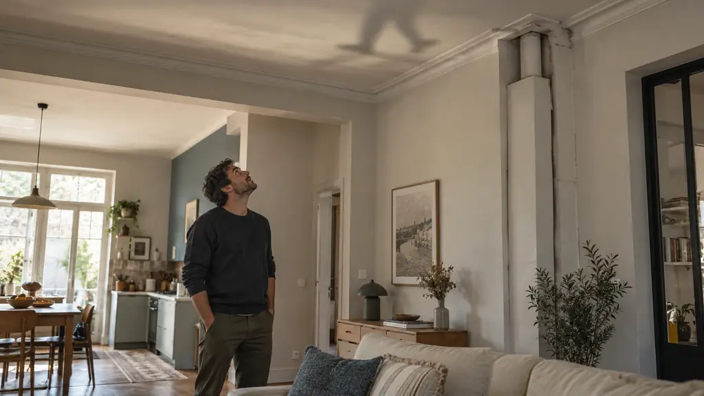 homeowner listening beneath a ceiling while another person walks upstairs, with an exposed wall-to-ceiling junction and a visible pipe chase