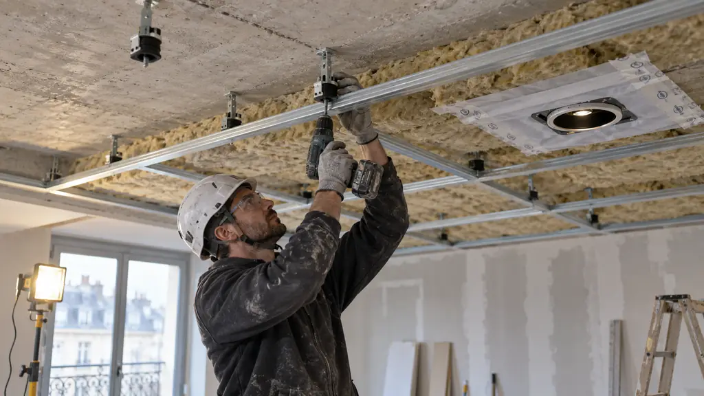 installer fitting acoustic hangers beneath an existing concrete ceiling, with mineral wool loosely placed in the plenum and a sealed recessed spotlight opening