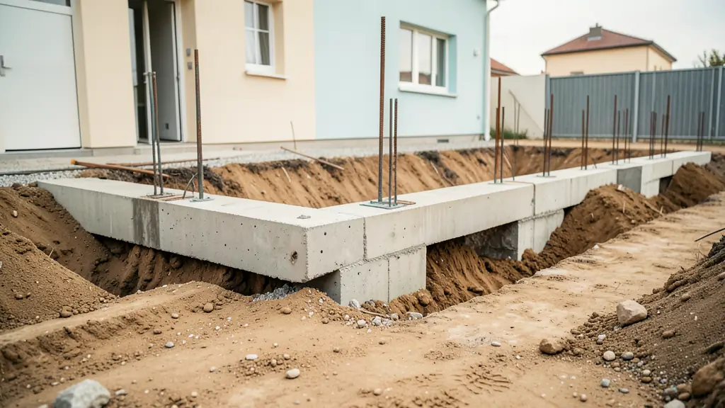 Construction site showing reinforced concrete ground beams between isolated footings, visible steel connections and compacted excavation base