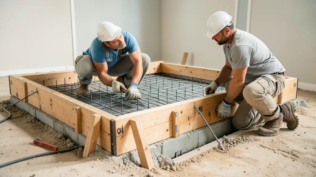 Workers installing steel reinforcement inside timber ground beam formwork, concrete footings and level markers visible