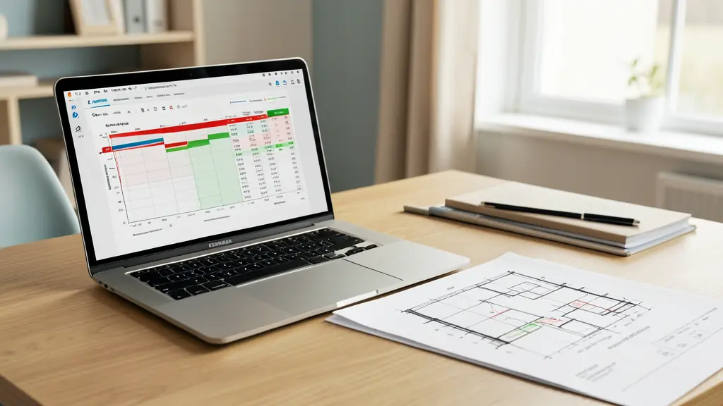 A professional construction site office scene with a laptop displaying a Gantt chart, a detailed budget spreadsheet with red and green highlights, and a technical architectural plan of a house renovation on a wooden table.