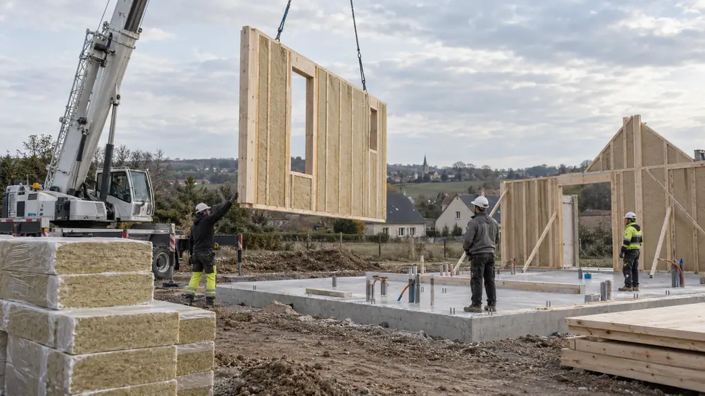 Editorial photograph of a timber house kit delivery, showing a crane lifting wall panels beside prepared concrete foundations and stacked insulation materials, no text or logo