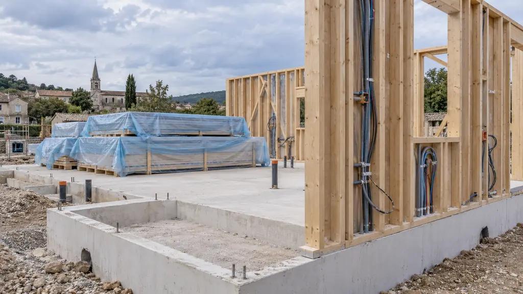 Editorial photograph of timber wall framing on concrete foundations, with wrapped wooden panels stored under a waterproof cover and electrical conduits visible before interior wall closure, no text or logo