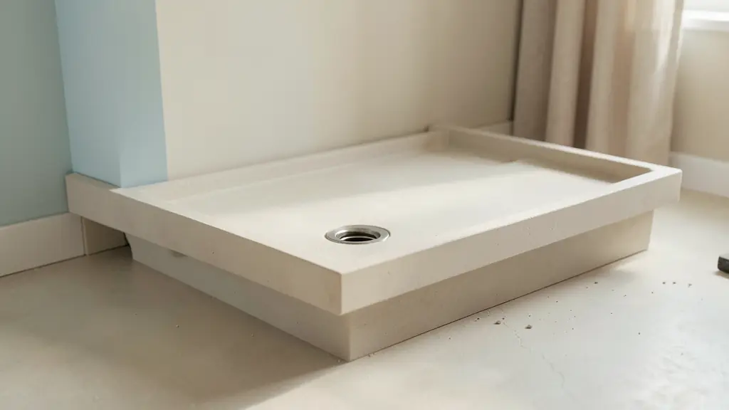 Cross-section view of a low-profile shower tray installation with visible drain trap, sloped waste pipe and level supporting base, realistic residential renovation site