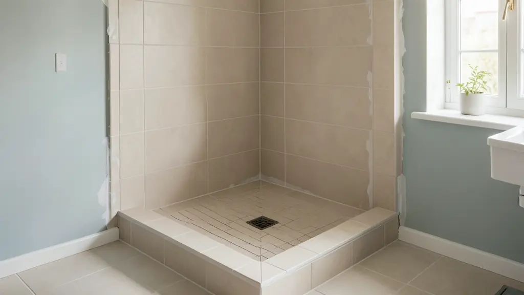 Tiled walk-in shower under construction with waterproof corner bands, integrated drain and carefully sloped tile surface, realistic renovation photography