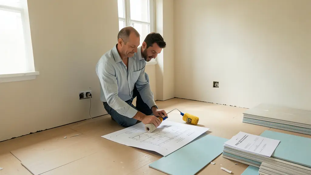 Homeowner comparing a paint roller and contractor plans in an unfurnished room, exposed electrical outlet and stacked click flooring visible, natural editorial photography without text or logos