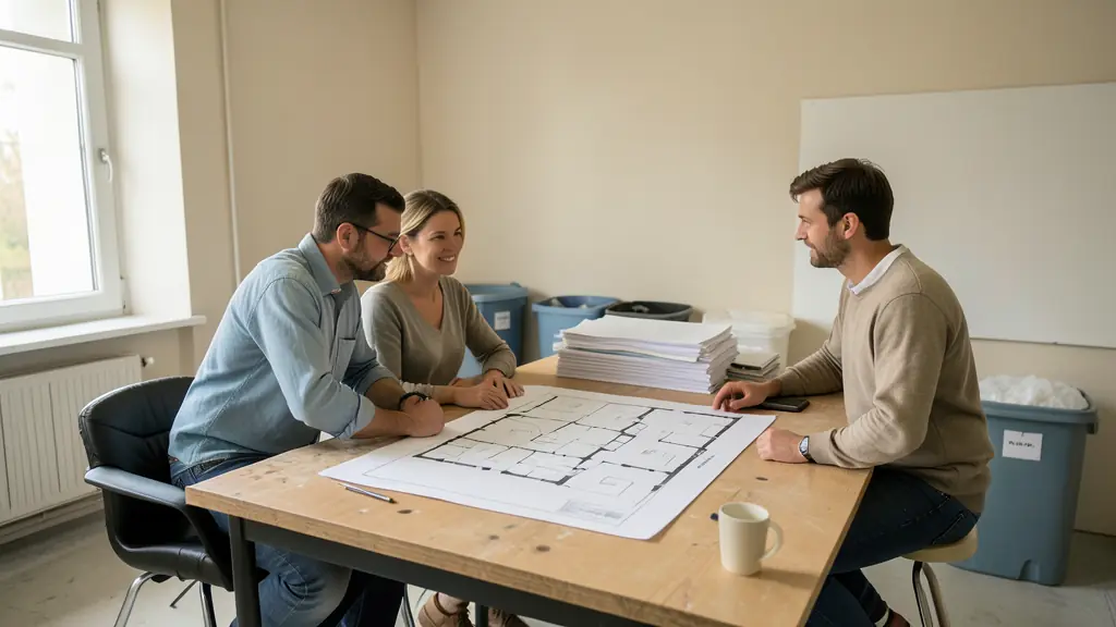 Renovation planning meeting inside a protected room, printed floor plan on a worktable, stacked materials and labeled waste containers visible, editorial photography without text or logos