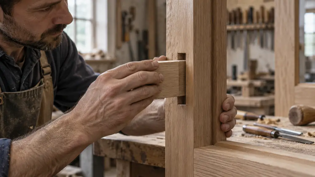 Close-up editorial photograph of a carpenter checking the fit of a hardwood tenon into a matching mortise on a wooden door frame, workshop setting, no text, no logo