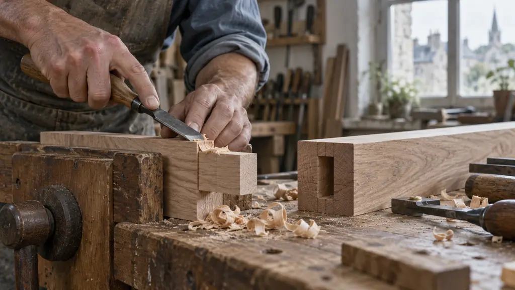 Editorial close-up photograph of a firmly clamped hardwood piece, a carpenter trimming a tenon shoulder with a chisel beside a marked reference face and a matching mortise, no text, no logo
