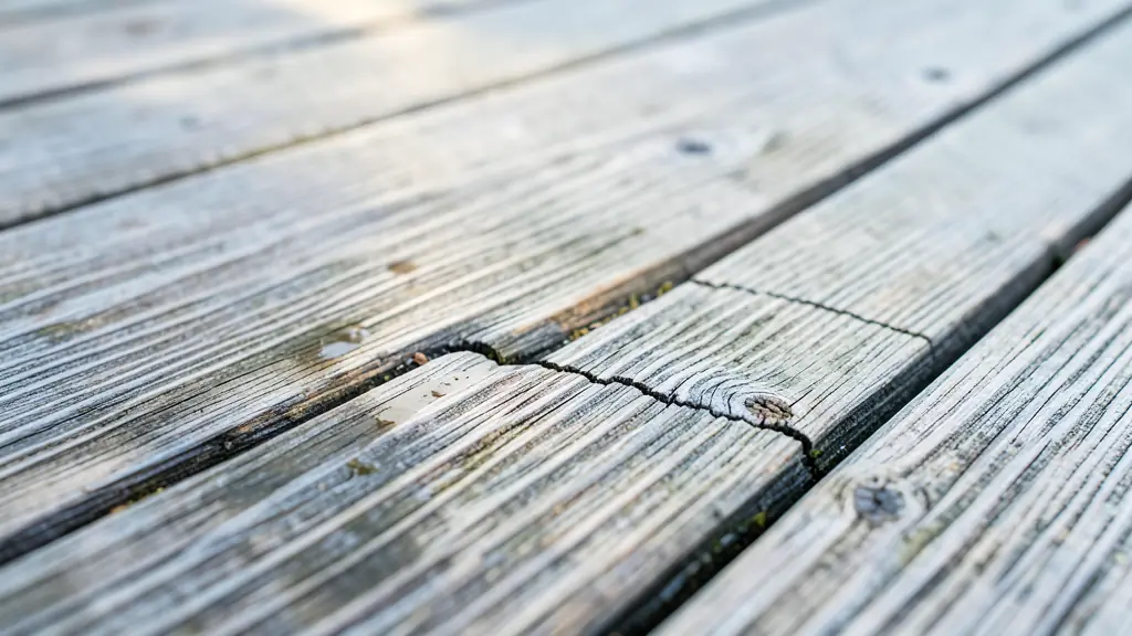 Close-up inspection of a weathered wooden terrace, visible grey grain, small cracks and a soft damp corner, natural daylight, no text, no logo